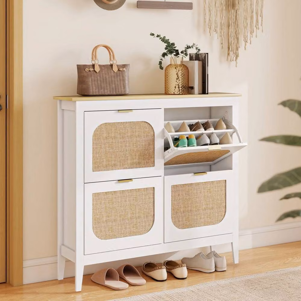 Havendro Boho Slim White Shoe Cabinet with Rattan Doors and 20 Pair Capacity – 2