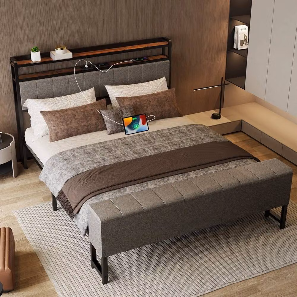 Kelvenix Luxury Grey Fabric Upholstered Bed Frame Set with USB Charging Port and Bedside Shelf, W/D/H: 140 x 200 cm – 4