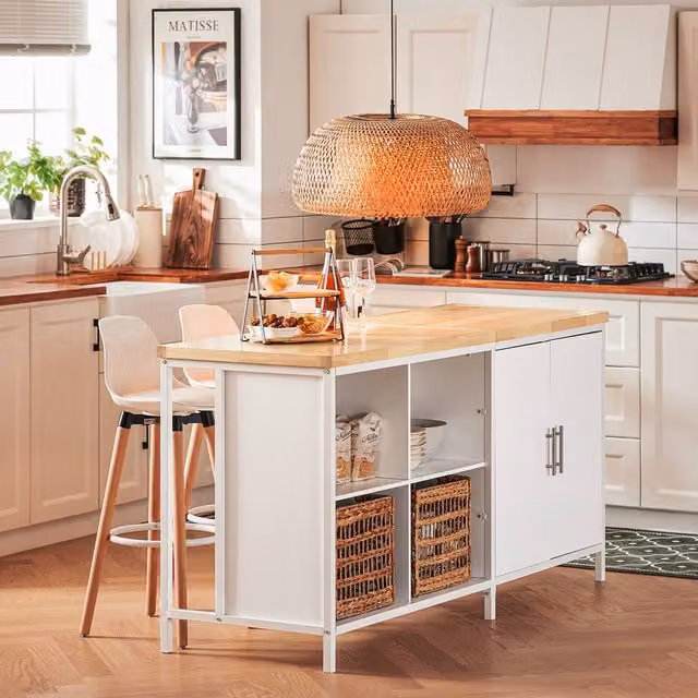 SoBuy Mobile Kitchen Island in White with Natural Wood Top and Country House Style – 1