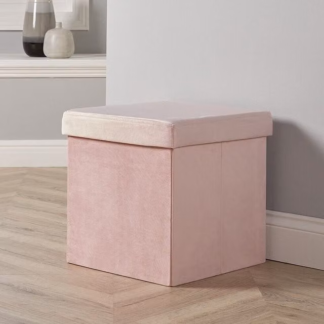 Home Source Velvet Fabric Folding Ottoman Storage Cube in Pink, W/D/H: 38 x 38 x 38 cm – 1