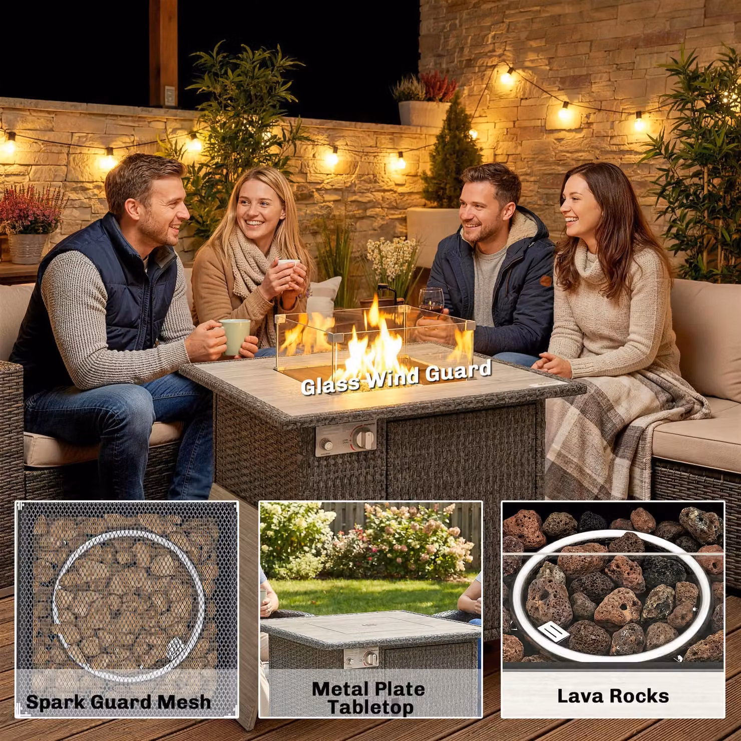 Outsunny Dark Grey Rattan Gas Fire Pit Dining Table with Rain Cover, Wind Guard, Lid and Lava Rocks – 8