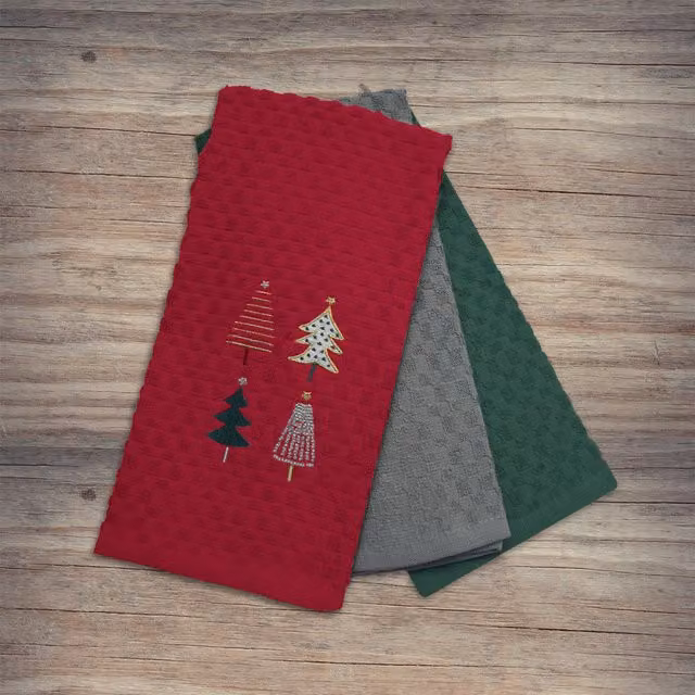 Noel Square Pack of 3 Highly Absorbent Cotton Tea Towels in Red and Multicolour with Graphic Xmas Tree Design