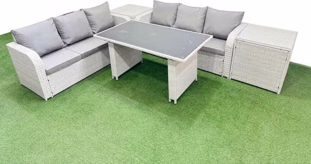 Fimous 6 Seater Rattan Outdoor Dining Table Set with 2 Side Tables in Light Grey