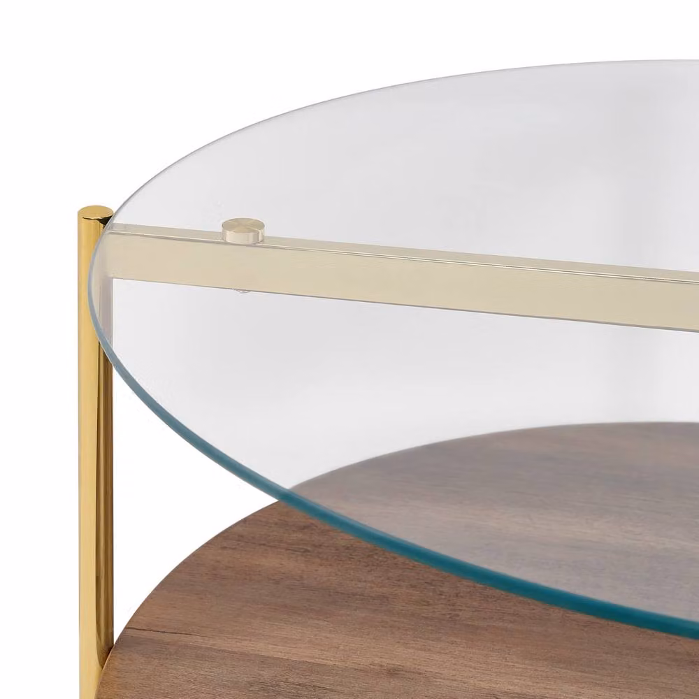 Wyld and Coco Round Gold Glass Coffee Table with Dark Wood Shelf, Diameter: 80 cm – 3