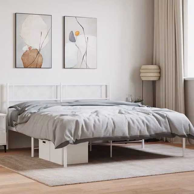 Berkfield Home Metal Bed Frame with Headboard in White, W/D/H: 160 x 200 cm