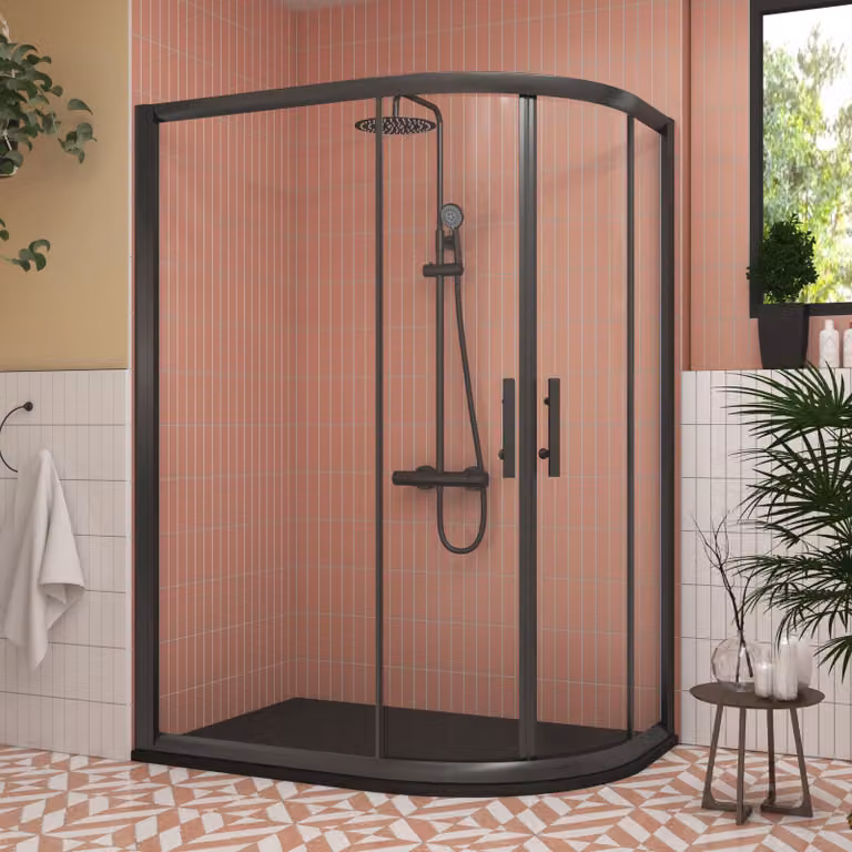 Royal Bathrooms Milan Matt Black Offset Quadrant Shower Enclosure with Black Mineral Cast Stone Shower Tray, W/D: 120 x 80 cm, 6mm Double Sliding Door