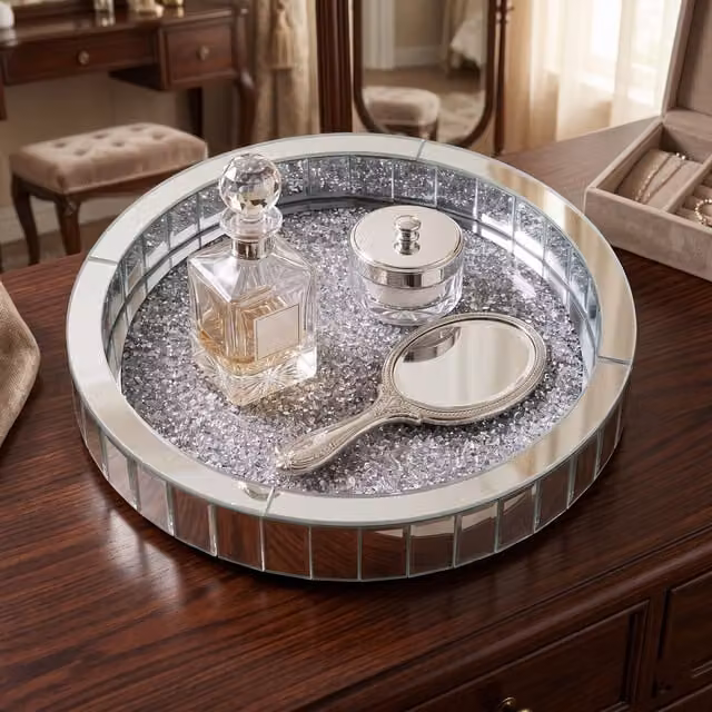 DEENZ Glamour Round Silver Glass Revolving Tabletop Tray, Diameter: 30 cm
