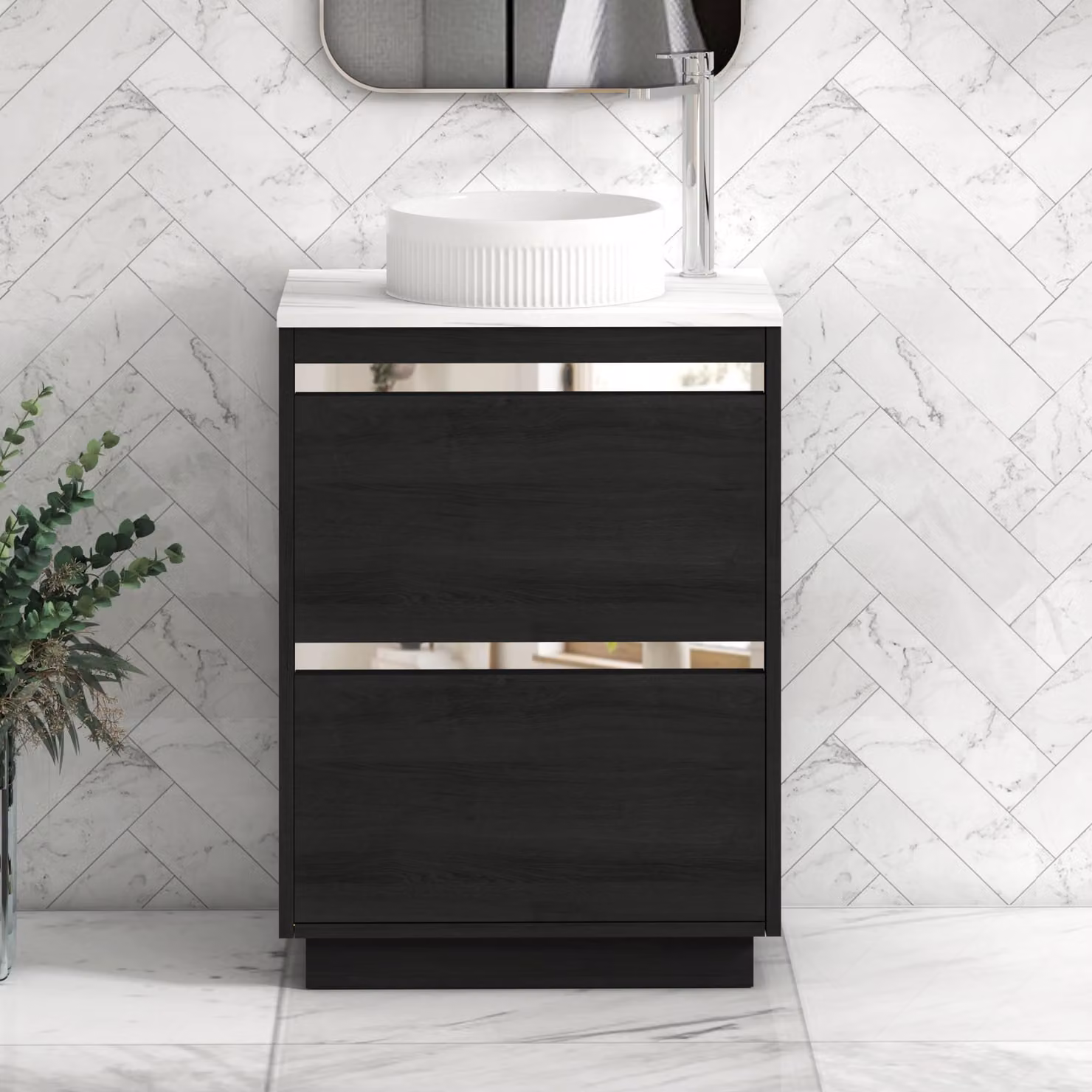 Royal Bathrooms Orion 600mm Hale Black Floor Standing Vanity Unit with Carrara White Countertop, 2 Drawers, Round Basin and Chrome Accent Trim