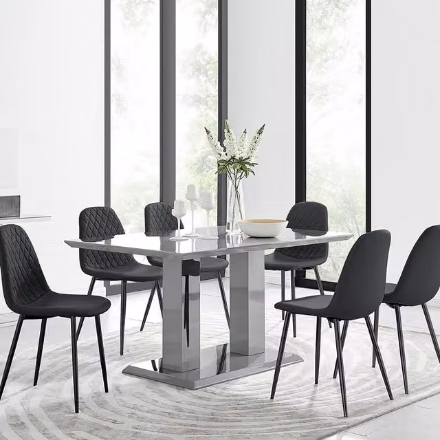 FurnitureboxUK Imperia Grey Rectangular Dining Table and 6 Corona Black Faux Leather Chairs W/D/H: 150 x 90 x 75 cm