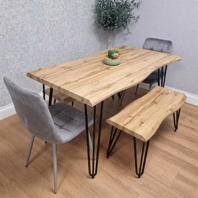 Kosy Koala Modern Dining Set with Brown Wood Table, 2 Grey Velvet Chairs and 2 Benches – 1