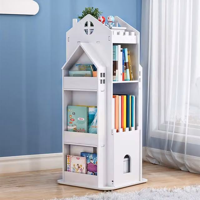 Livingandhome 4-Tier Castle-Style Rotating Childrens Bookcase in White and Blue