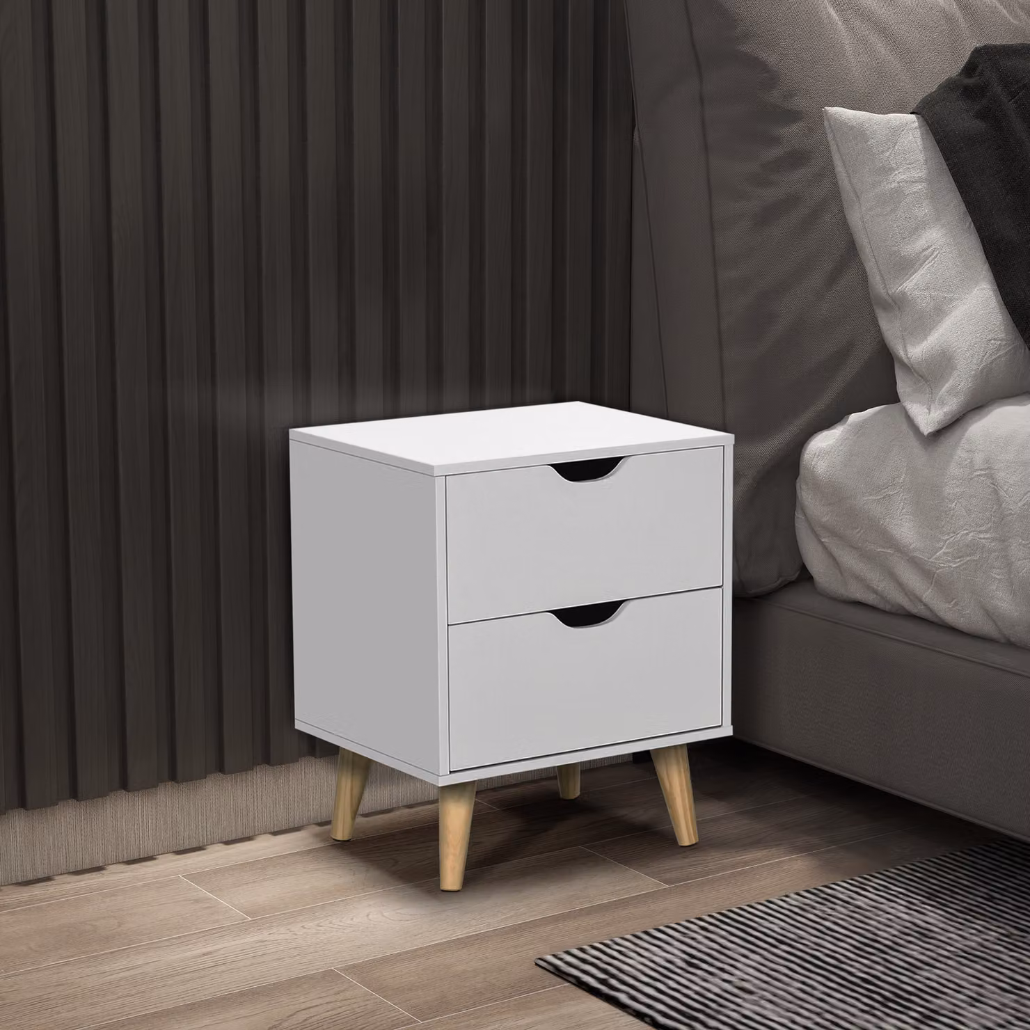 HOMCOM White Bedside Table with 2 Drawers and Pine Wood Legs – 2