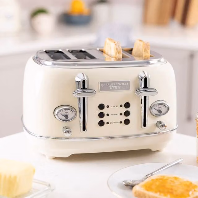 Charles Bentley 4 Slice Stainless Steel Toaster with Tray in Cream and Chrome – 1