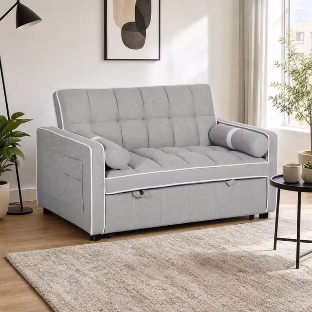 STILVORA Two Seater Click-Clack Sofa Bed in Grey with Adjustable Headrest and Scatter Cushions, 140 x 190 cm