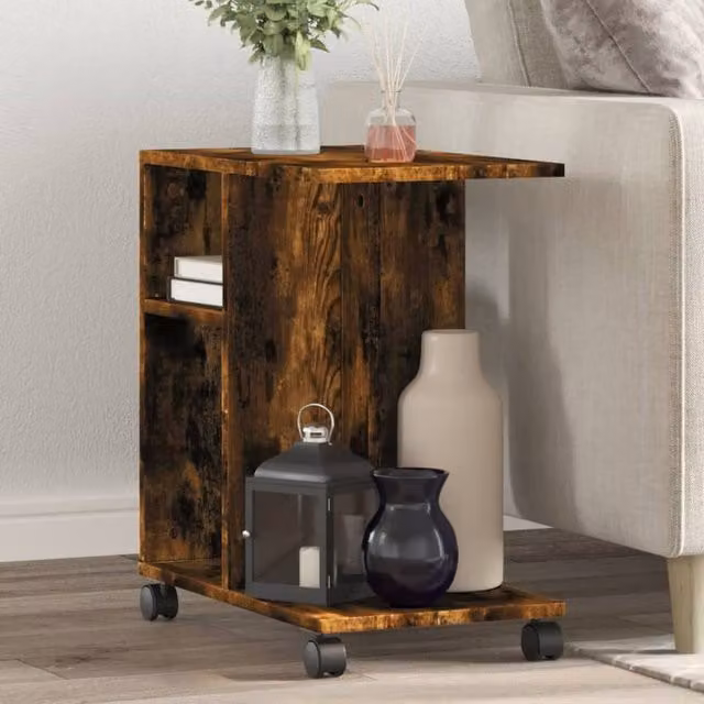 Berkfield Home Side Table with Wheels in Smoked Oak Brown, W/D/H: 50 x 30 x 55 cm