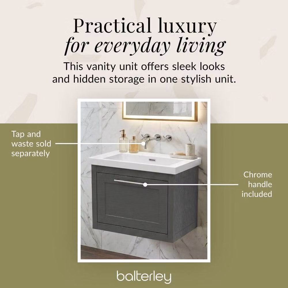 Balterley Blithbury 1 Drawer Vanity Basin Unit in Dark Grey Woodgrain, W: 60 cm, D: 45 cm, H: 60 cm – 3