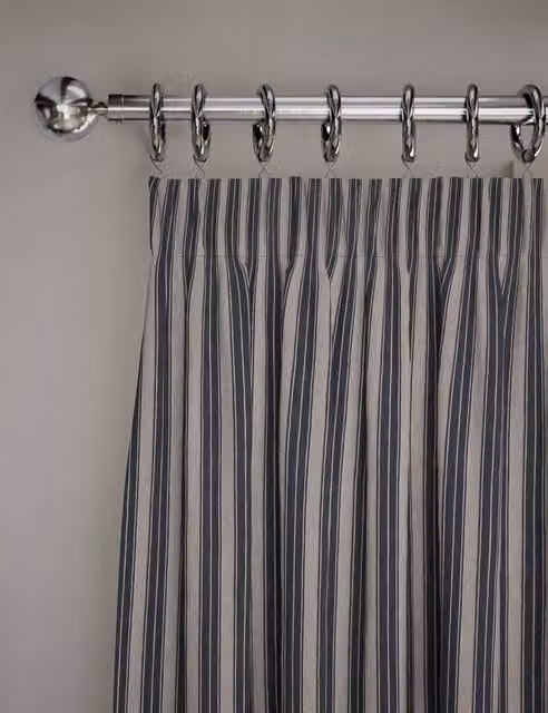 M&S Blue Mix Striped Cotton Rich Pencil Pleat Curtains H: 183 cm, W: 168 cm