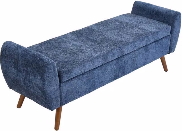 Living and Home Mid-Century Modern Upholstered Storage Bench in Blue with Walnut Wood Frame – 1
