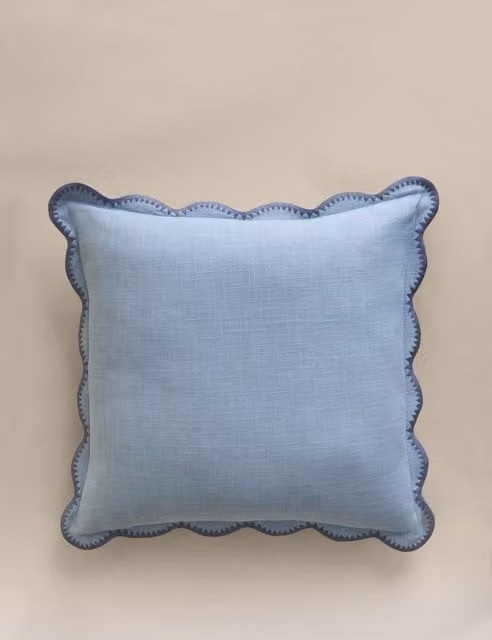 M&S Blue Pure Cotton Embroidered Scallop Square Cushion