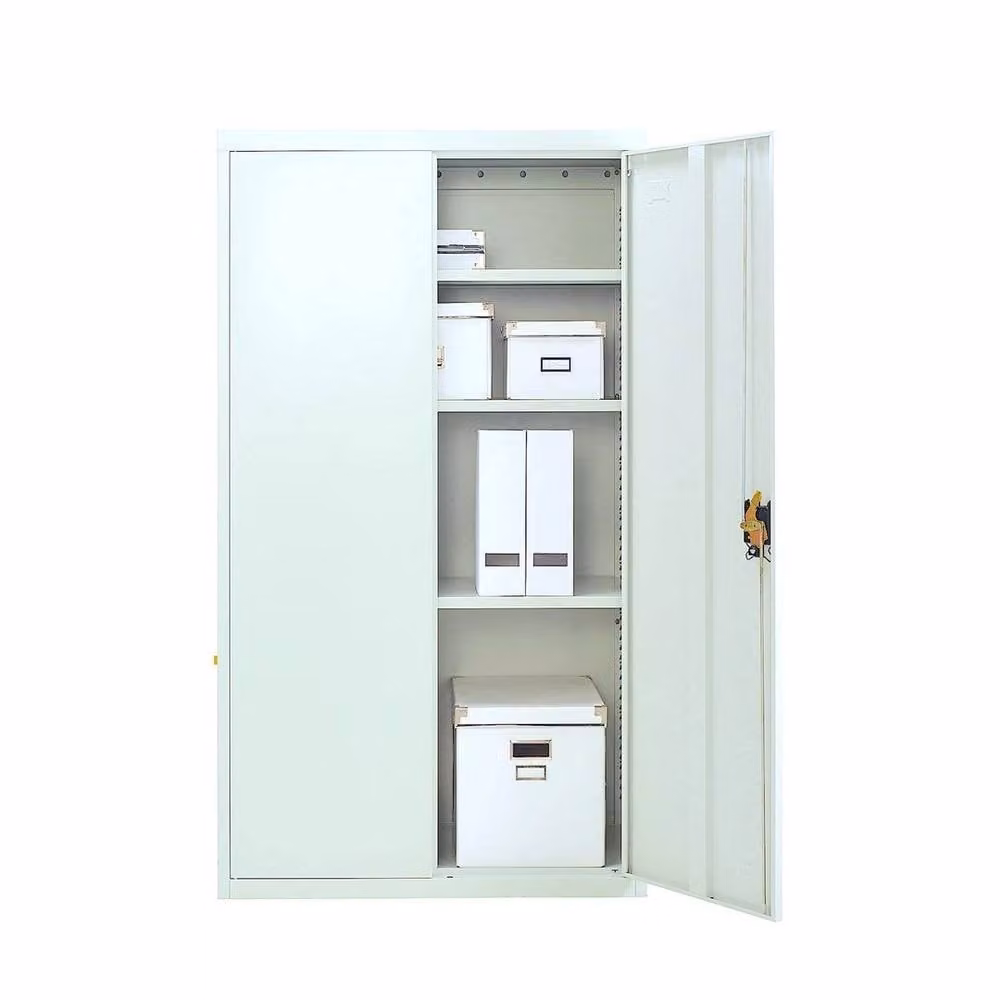 PAWNORA Metal Storage Cabinet with 2 Lockable Hinged Doors and Adjustable Shelves, Grey, H 138 x W 90 x D 40 cm – 1