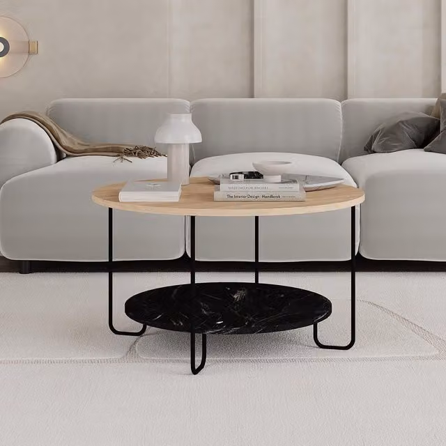 FWStyle 2 Tier Round Modern Coffee Table in Marble and Oak