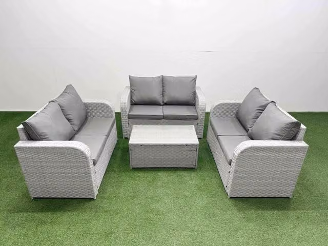 Fimous 6 Seater PE Wicker Rattan Garden Furniture Set with Rectangular Coffee Table and 2 Seater Love Sofa in Light Grey