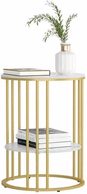 Nordara 2 Tier Round Side Table with White Marble Effect Sintered Stone Top and Gold Frame – 1