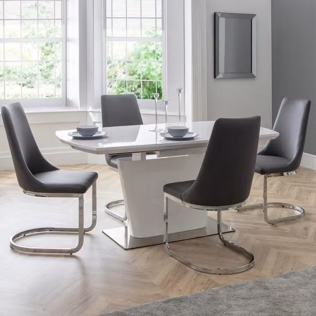 Julian Bowen Como White High Gloss Extendable Rectangular Dining Table and 4 Grey Chairs Set