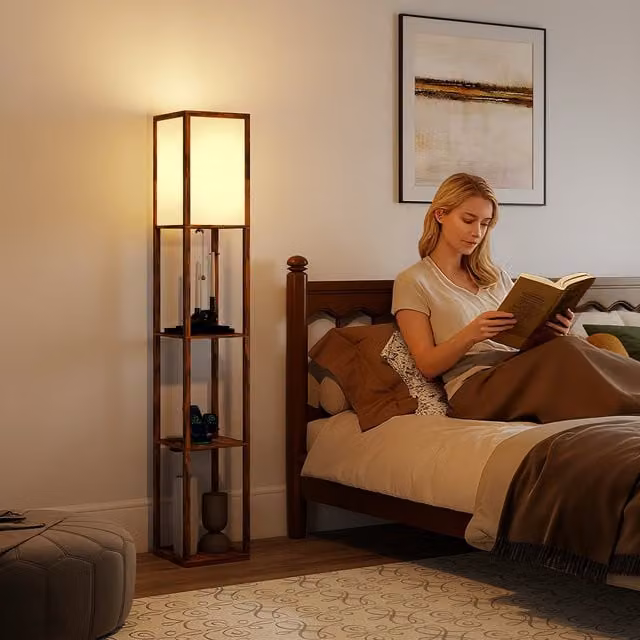 HOMCOM Rustic Brown Floor Lamp with Shelves for your Living Room