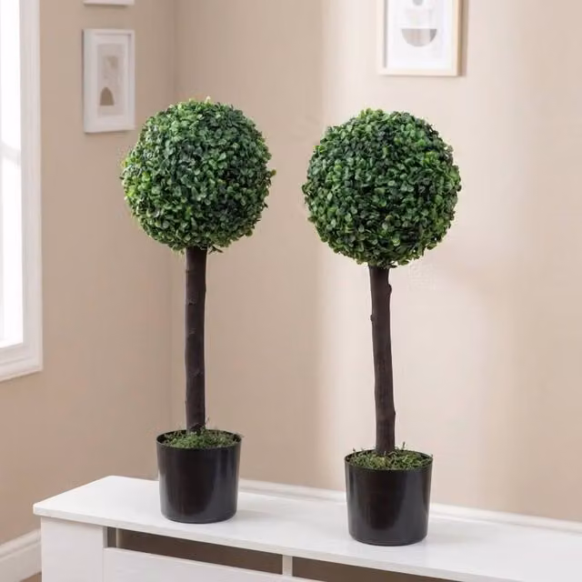 STILVORA Set of 2 Green Artificial Boxwood Tabletop Trees in Concrete Pots – 1