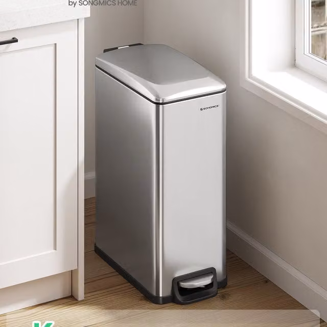 SONGMICS 48L Slim Silver Pedal Kitchen Bin with Soft-Close Lid and Removable Inner Bucket