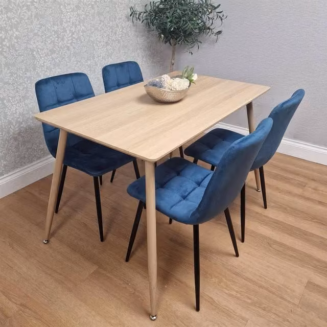 KOSY KOALA Modern Dining Table Set with 4 Velvet Chairs in Brown and Blue