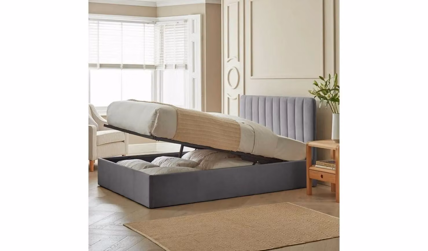 Pandora Modern Grey Velvet Upholstered Small Double End Lift Ottoman Bed W/D/H: 120 x 200 x 37.1 cm