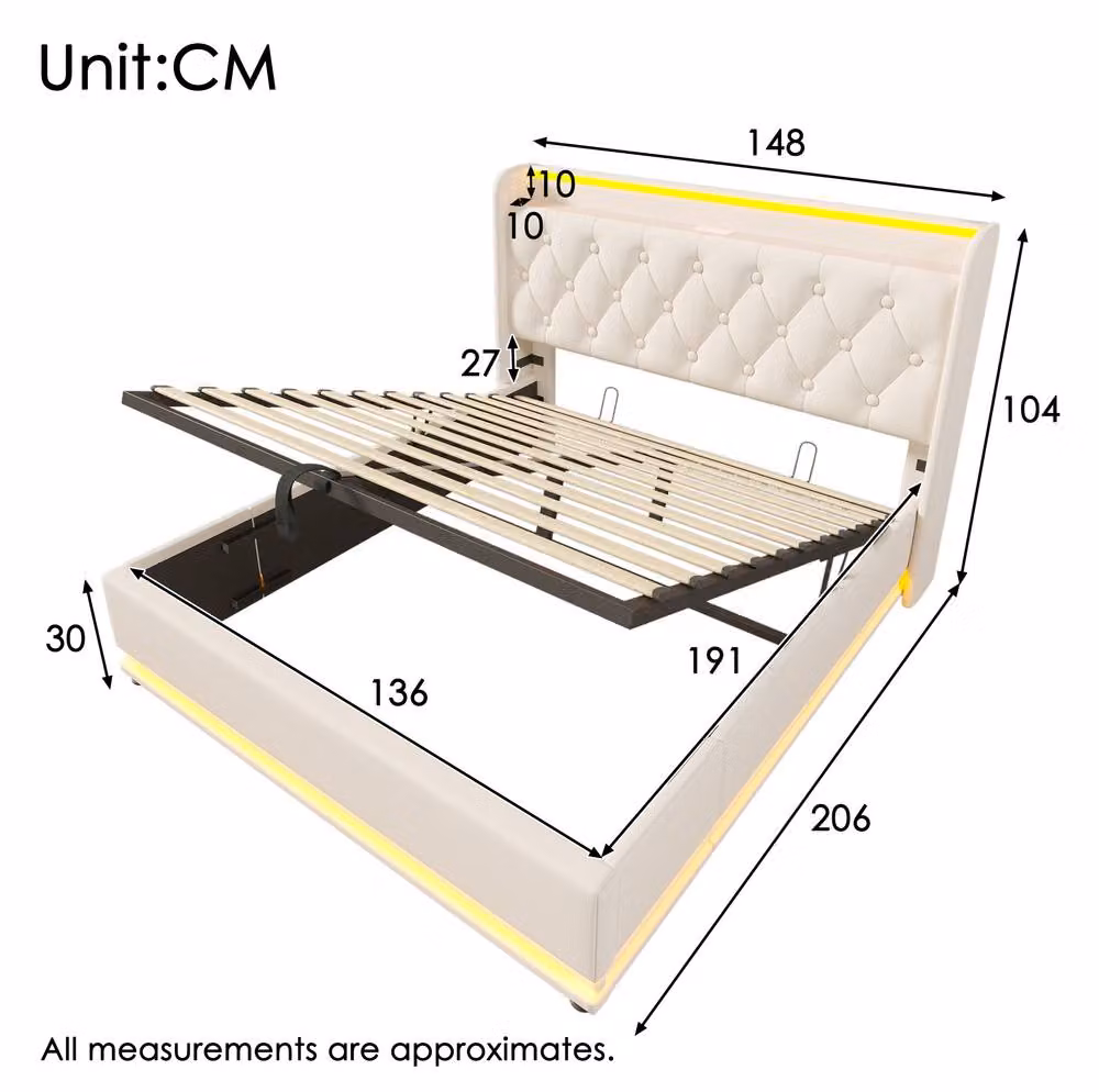 STILVORA Double Ottoman Bed in White with LED Lighting, USB Charging Ports and Bedside Shelf, W/D/H: 140 x 200 cm – 2