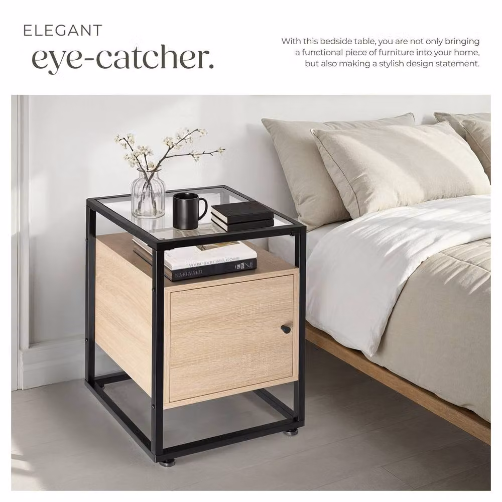 tectake Dudley Nightstand with 3 Shelves and Magnetic Door in Light Oak – 5