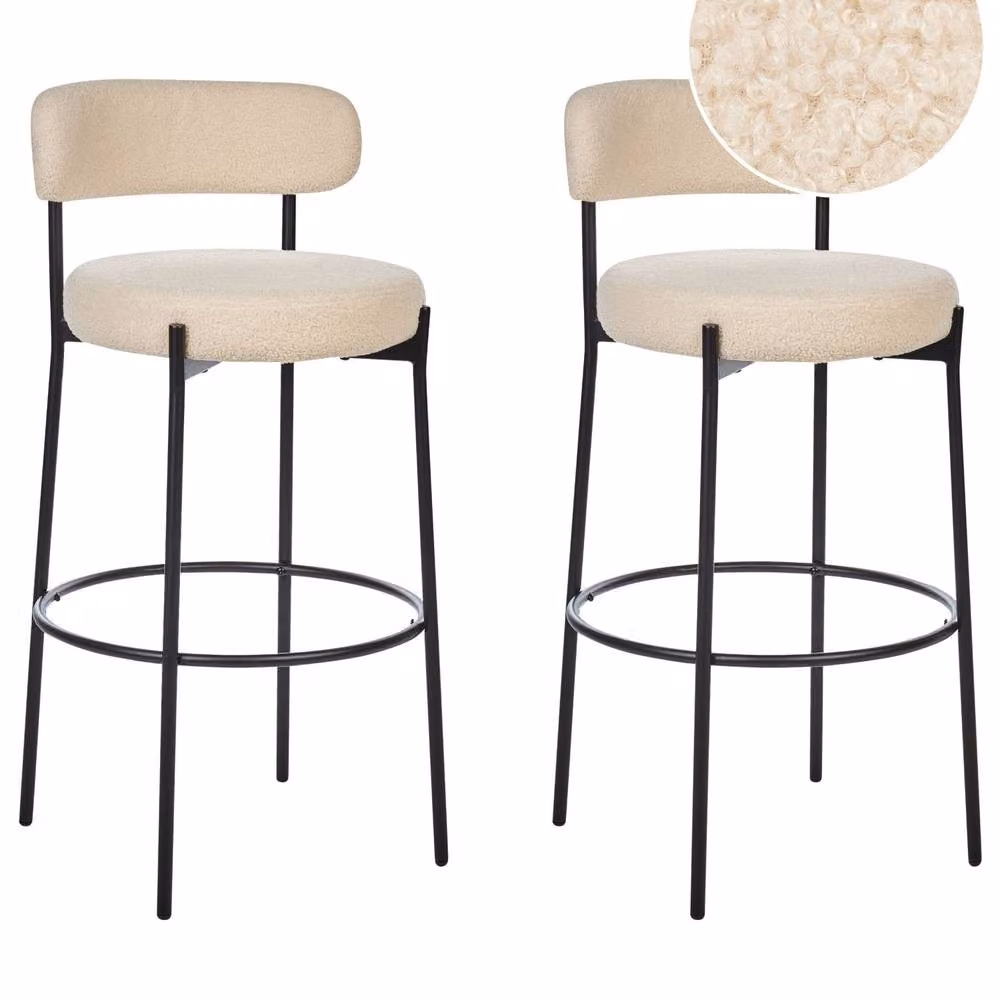 Wyld and Coco Set of 2 Modern Bouclé Bar Stools in Beige with Black Metal Legs – 2