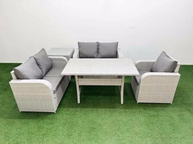 Fimous Grey Poly Rattan Garden Furniture Set with Reclining Chair, Loveseat Sofa, Rectangular Dining Table and Side Table