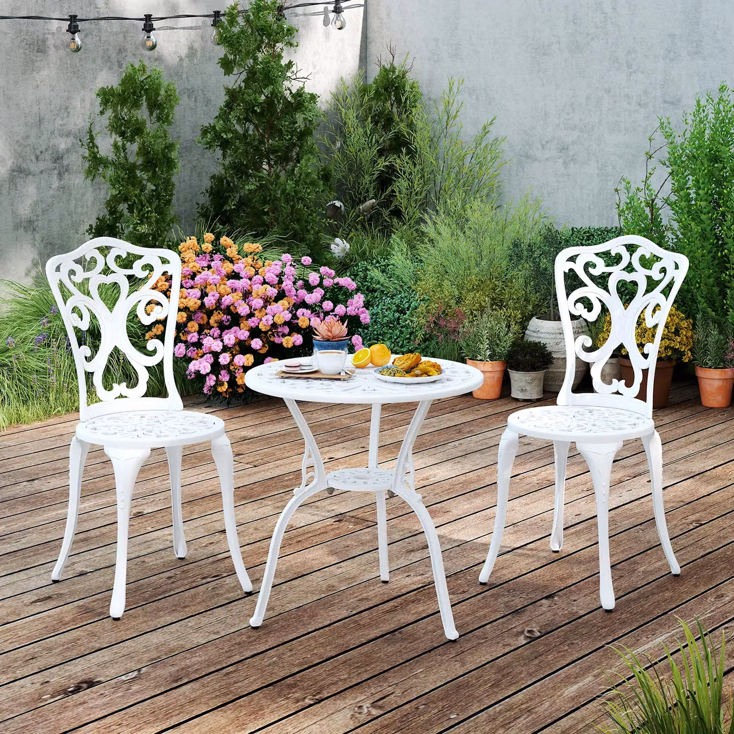 Costway 3 Piece Cast Aluminium All Weather Bistro Set in White – 4