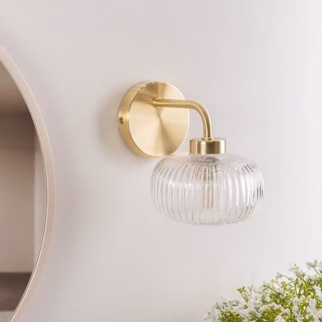 ValueLights Amaia Pair of Gold and Transparent Ribbed Glass Wall Lights, IP44 Rated