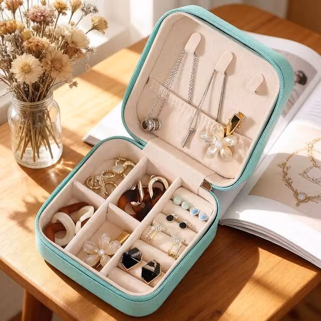 Garden Sanctuary Portable PU Leather Travel Jewellery Box in Turquoise