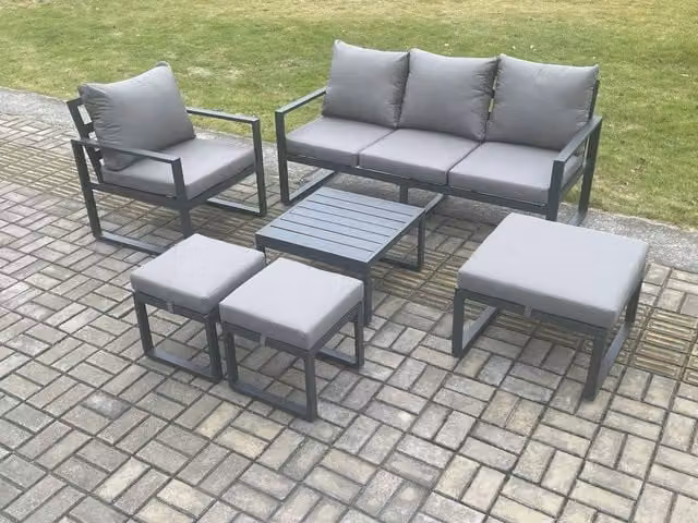 Fimous Modern Aluminium Outdoor Garden Furniture Set in Dark Grey with 3-Seater Sofa, Lounge Armchair, Coffee Table and 3 Ottomans