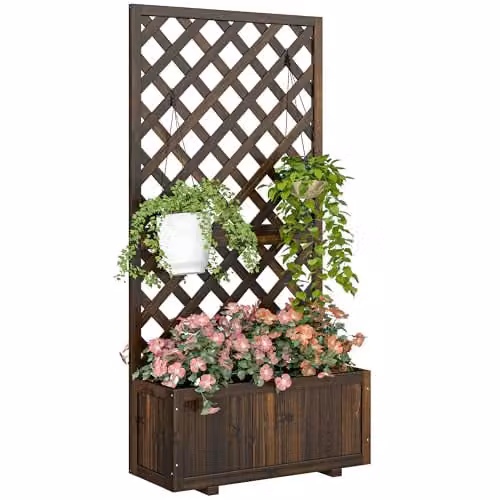 Outsunny Black and Brown Rustic Pine Flower Stand with Trough Planter
