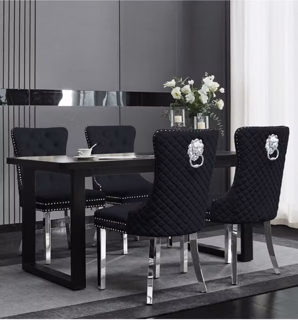 Groundlevel Set of 2 Modern Black Plush Velvet Dining Chairs with Silver Lion Head Knockers