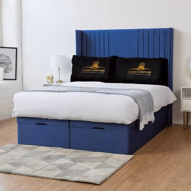 Luxor Living Luxor Wingback Ottoman Divan Bed with 54 Inch Headboard in Blue Velvet, Size: 140 x 200 cm – 1