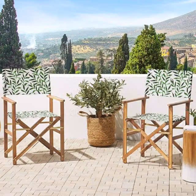 Wyld and Coco Set of 2 Folding Acacia Wood Garden Director Chairs with White and Green Floral Cushions – 1