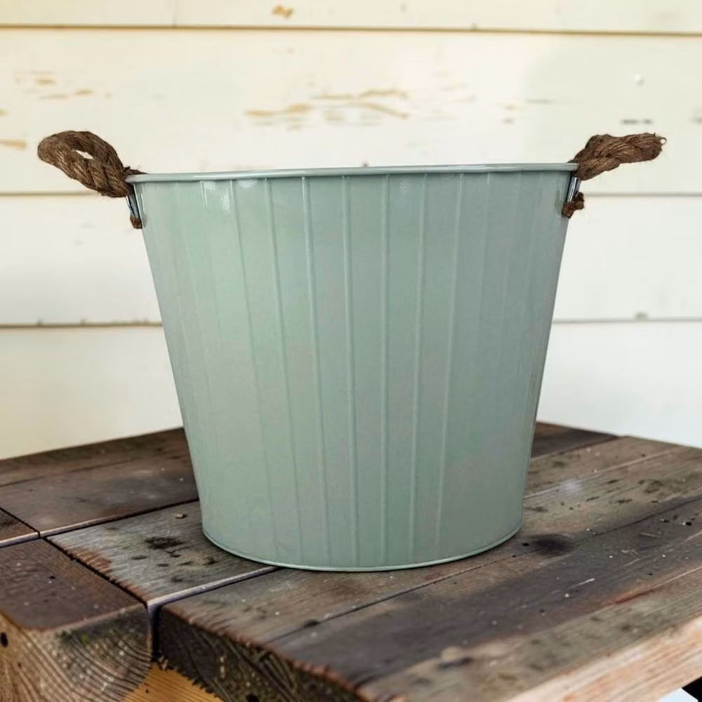 Four Candle Sage Green Ribbed Zinc Planter with Rope Handles, Diameter: 28 cm – 2