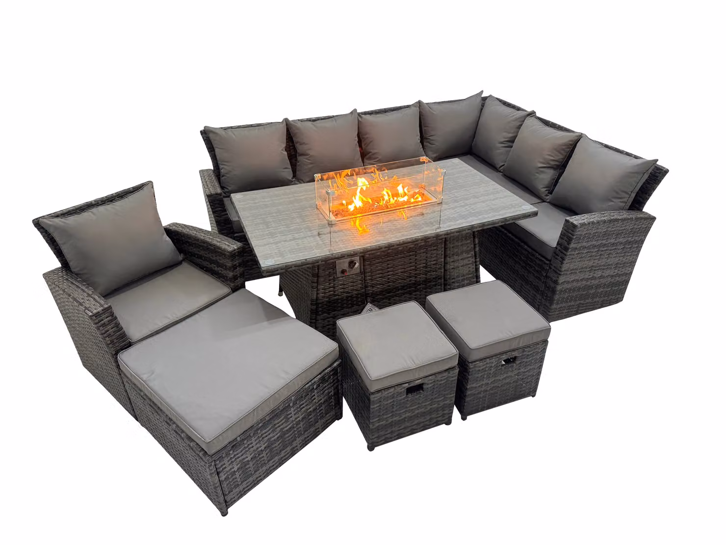 Fimous Rattan L-Shape Corner Sofa Set with Gas Fire Pit Table and 3 Footstools in Dark Grey – 2