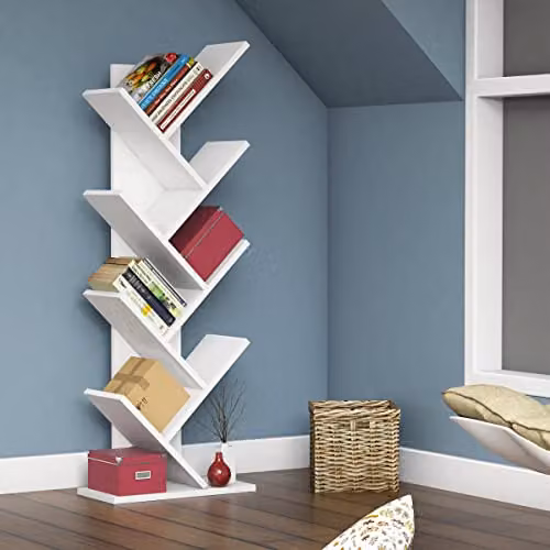Bimossa Wooden Tree Bookcase in White, Compact Freestanding Corner Bookshelf for Living Rooms and Childrens Bedrooms, H 128.5 x W 46.0 x D 22.0 cm – 2