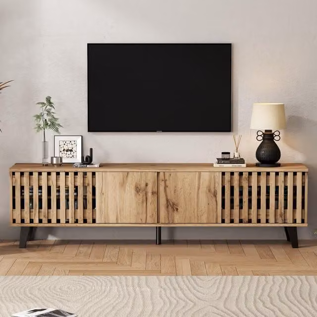 Aosom UK Modern Vintage Wood TV Stand with 4 Openwork Doors and 9 Shelves, Brown and Black, W: 180 cm, D: 40 cm, H: 55 cm – 1