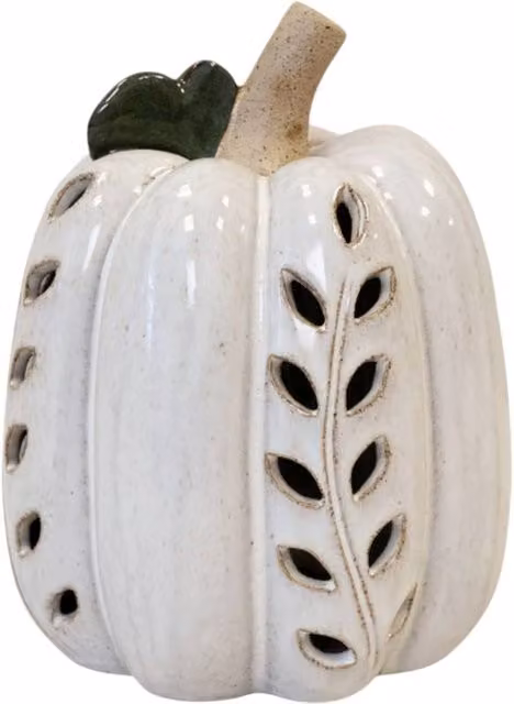 Four Candle LED Pumpkin Ceramic Tabletop Decoration in White and Green
